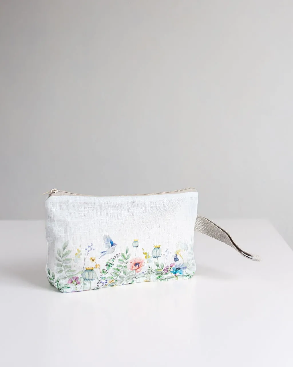 Meadow print wristlet pouch from linen fabric