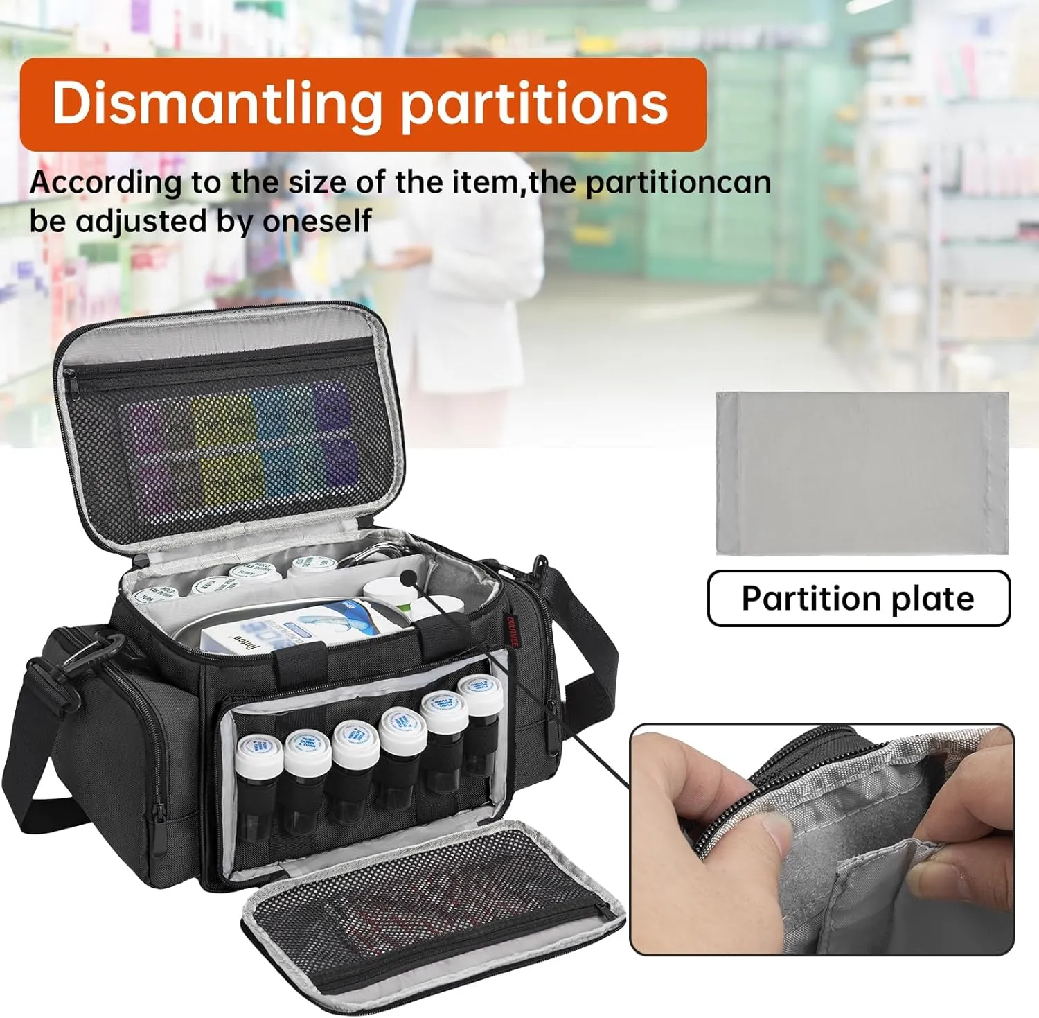 Medicine Storage Bag, Pill Bottle Organizer with Portable Small Pouch, Medication Bottle Organizer Empty with Shoulder Strap for Home Storage and Travel