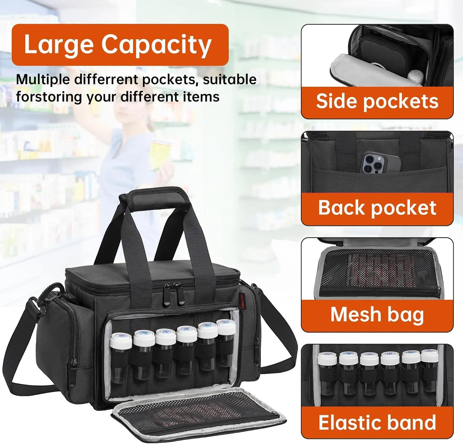 Medicine Storage Bag, Pill Bottle Organizer with Portable Small Pouch, Medication Bottle Organizer Empty with Shoulder Strap for Home Storage and Travel