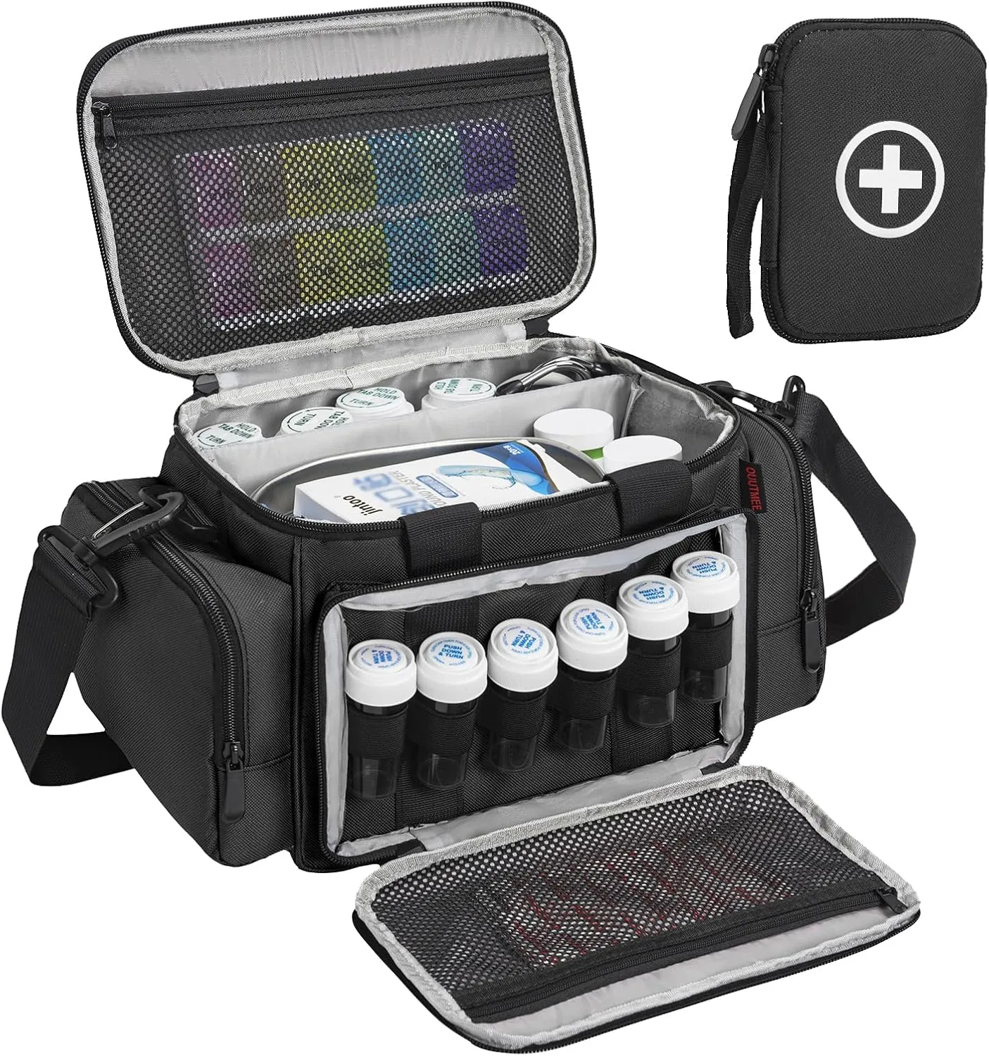 Medicine Storage Bag, Pill Bottle Organizer with Portable Small Pouch, Medication Bottle Organizer Empty with Shoulder Strap for Home Storage and Travel