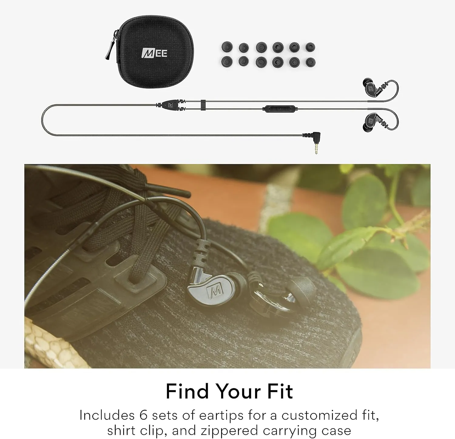 MEE audio M6 Sport Wired Earbuds, in Ear Headphones, 3-Button Remote, Sweatproof Earphones for Running/Gym/Workouts with Memory Wire Earhooks, Headset Microphone, 3.5mm Jack Plug (Black)