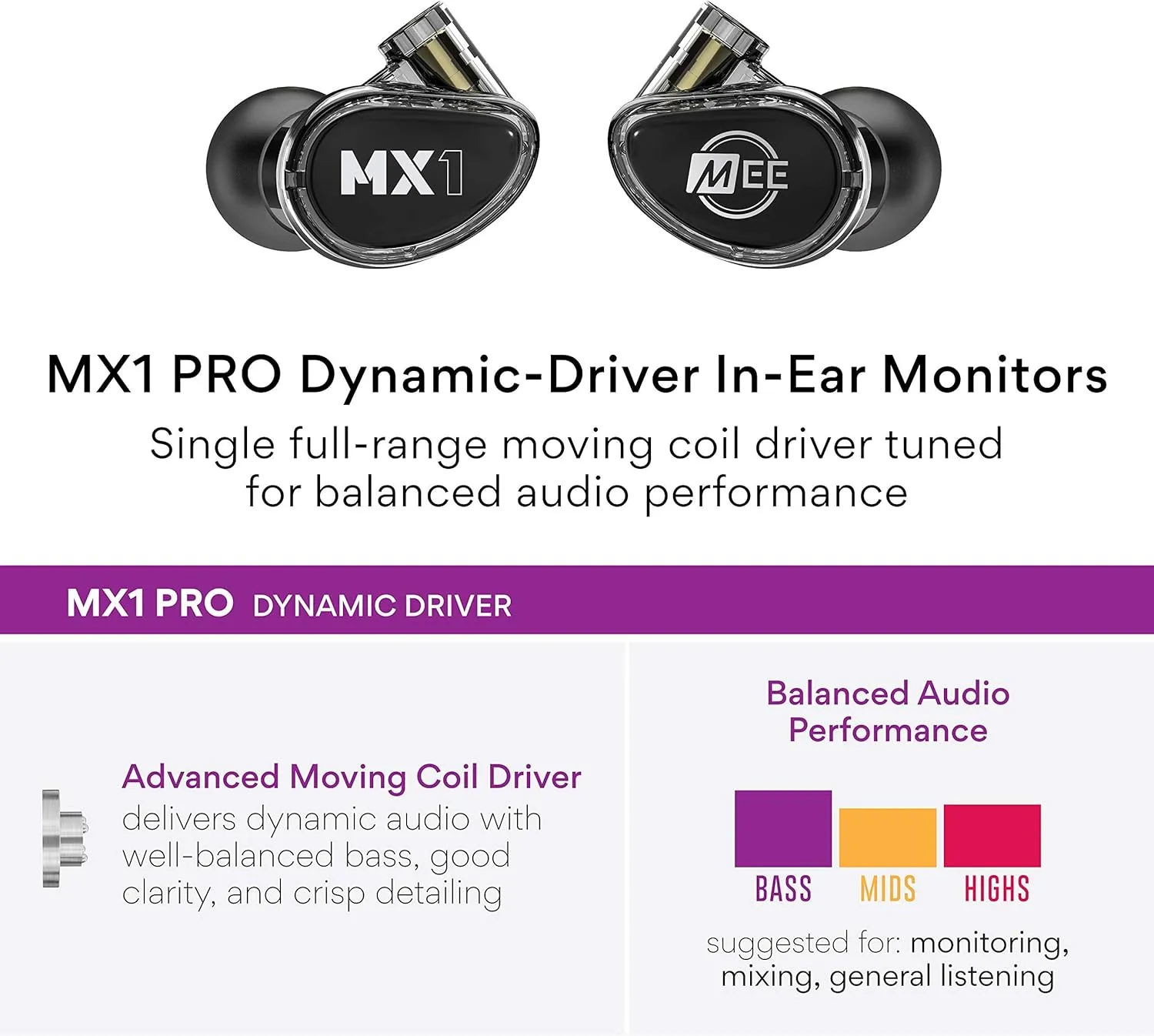 MEE Audio MX1 PRO Advanced Dynamic Driver Musician's in Ear Monitor Headphones with Balanced Sound; Noise Isolating Earbuds Earphones w/Memory Wire, Optional Customization & Detachable Cables