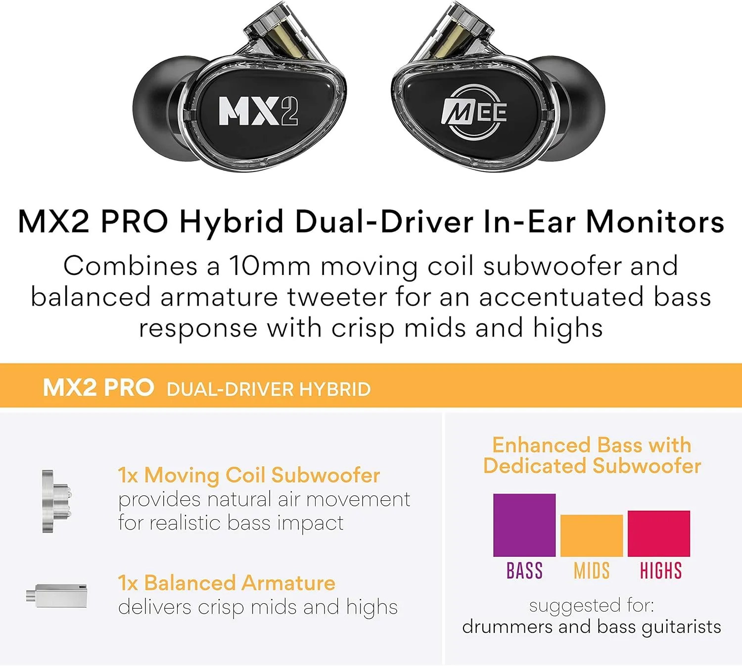 MEE audio Professional MX2 PRO Dual-Driver Hybrid Musician's in Ear Monitor Headphones with Dedicated Subwoofer for Realistic Bass, Noise Isolating Earphones with Detachable Cables, Black
