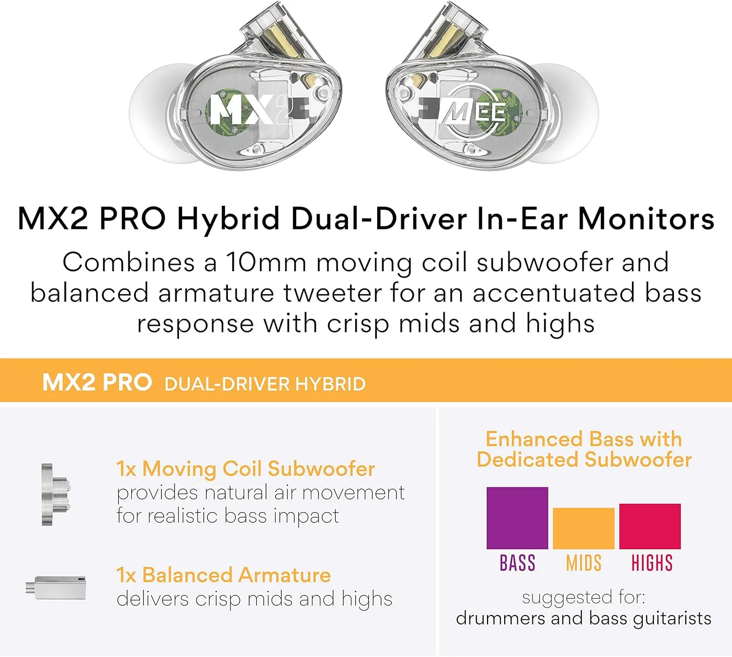 MEE audio Professional MX2 PRO Dual-Driver Hybrid Musician's in Ear Monitor Headphones with Dedicated Subwoofer for Realistic Bass, Noise Isolating Earphones with Detachable Cables, Transparent