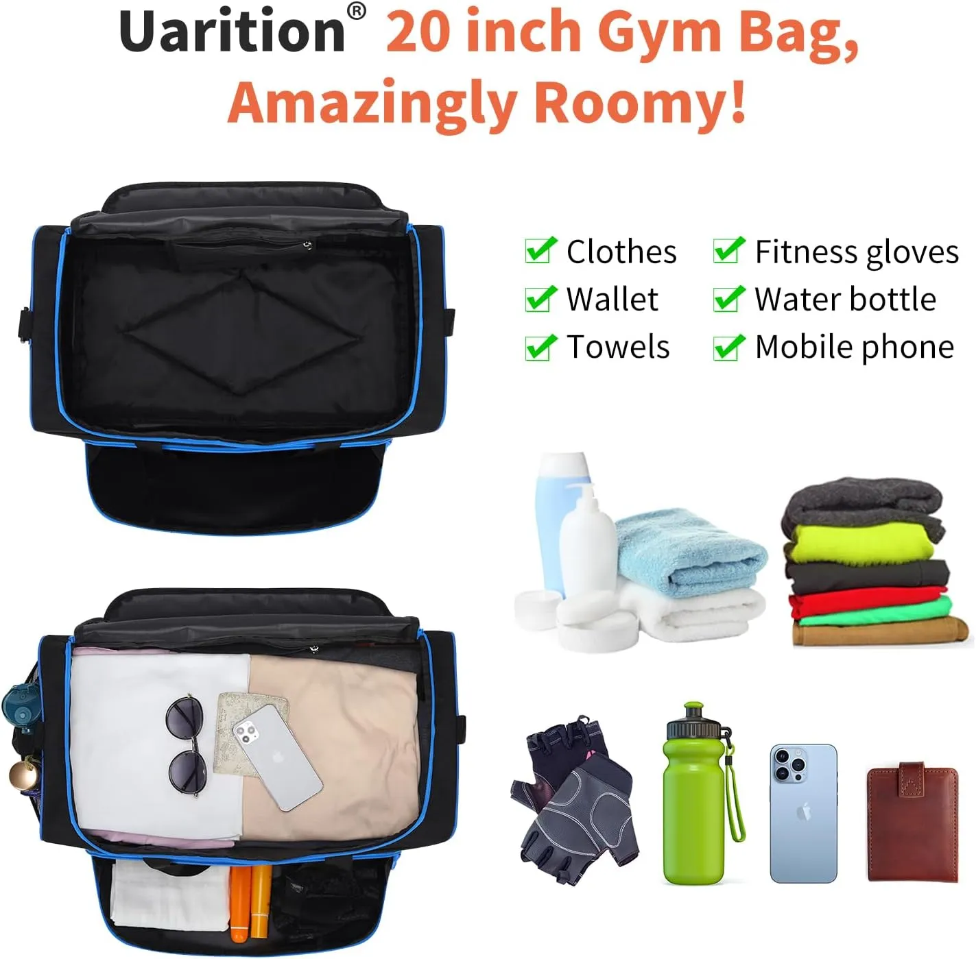 Mens Gym Bag 21 inch Large Overnight Weekender Duffle Bag for Travel Sport-Black/Blue