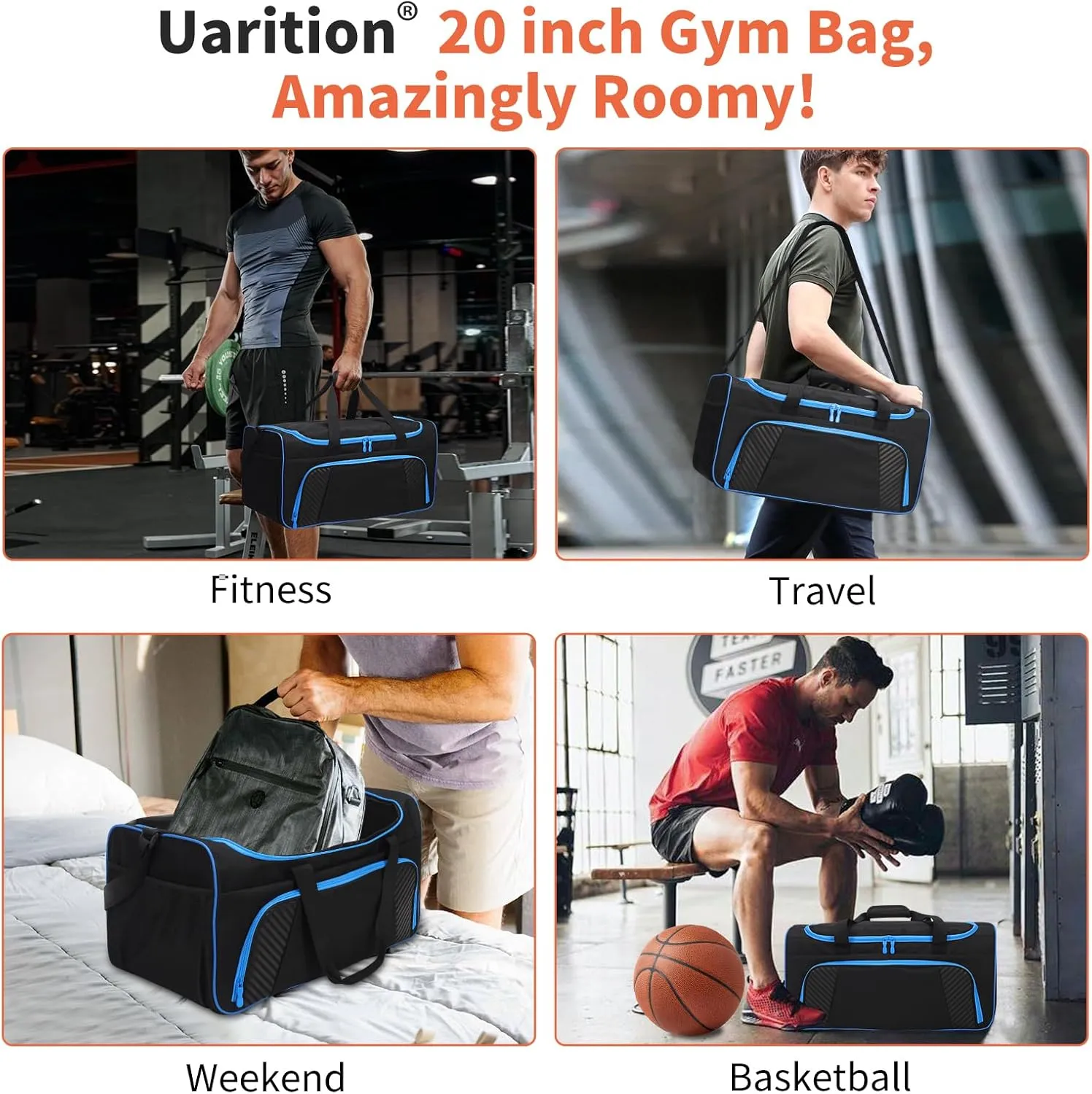 Mens Gym Bag 21 inch Large Overnight Weekender Duffle Bag for Travel Sport-Black/Blue