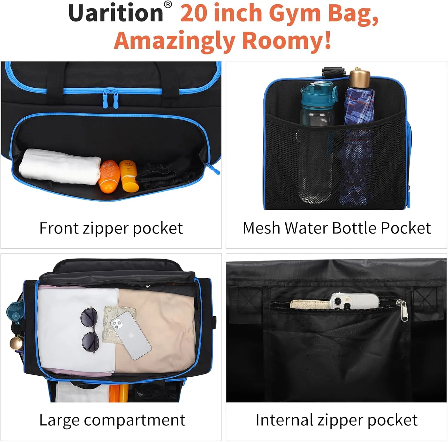 Mens Gym Bag 21 inch Large Overnight Weekender Duffle Bag for Travel Sport-Black/Blue