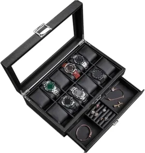 Mens Jewellery Box Watch Box Organizer Watch Case Leather Watch Box Earrings Necklace Drawer Storage Box with Lock Transparent Glass Top Cover Watch Stand Watch Box Watch Gift Box