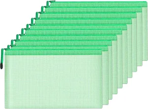 Mesh Document Bag Set of 10, Waterproof Zipper Pouch / A4 Size Zip File, for Household Daily Storage School Office M-D-2B (Green, A6 (9.25×4.25Inch))