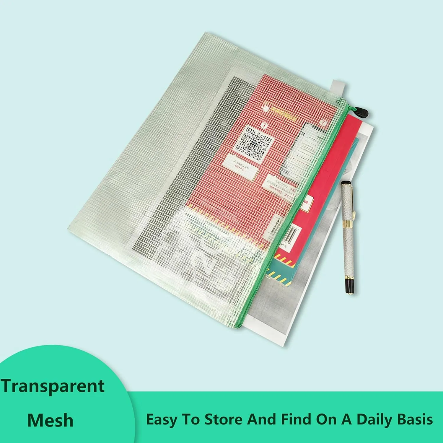 Mesh Document Bag Set of 10, Waterproof Zipper Pouch / A4 Size Zip File, for Household Daily Storage School Office M-D-2B (Green, A6 (9.25×4.25Inch))