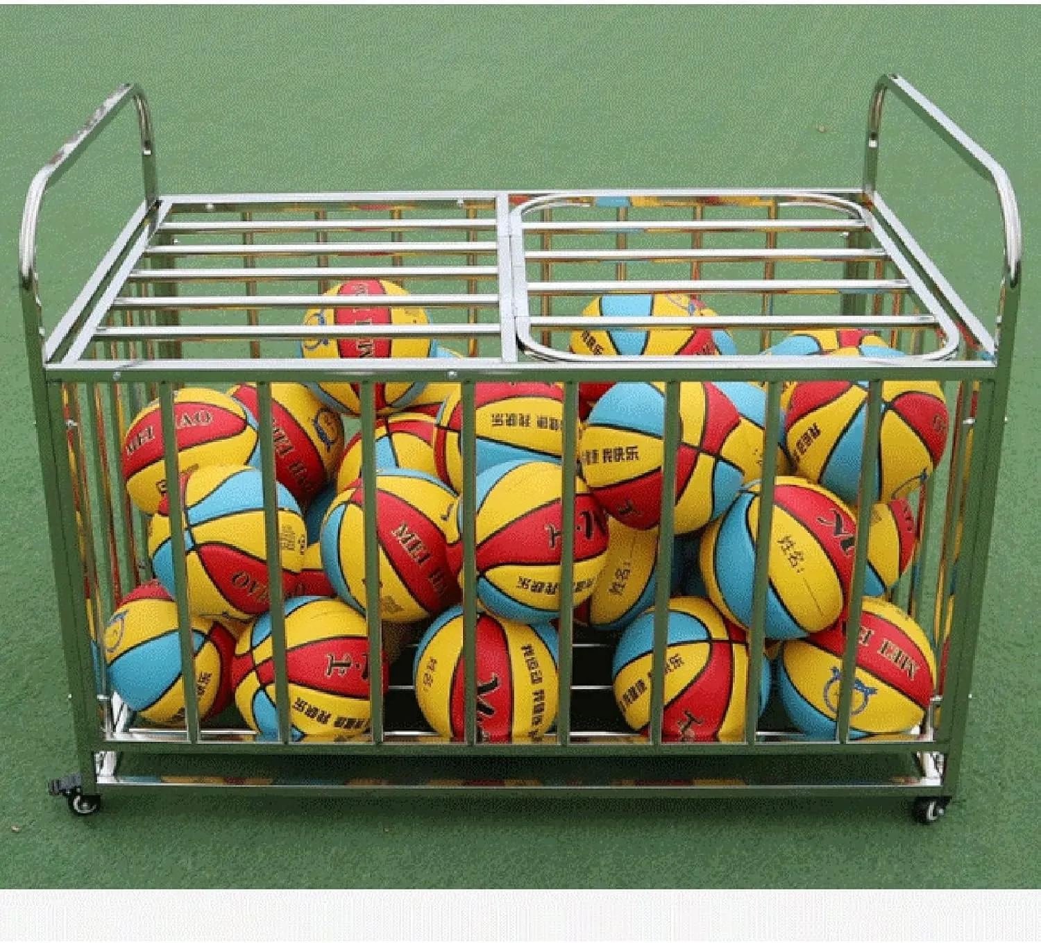 Metal Silver Large Rolling Multi Sports Ball Storage Cart with Half-Open Lid & Lockable Casters, Basketball Locker Soccer Stand Volleyball Holder for School/Gym(110x63x85CM/43x25x33IN)