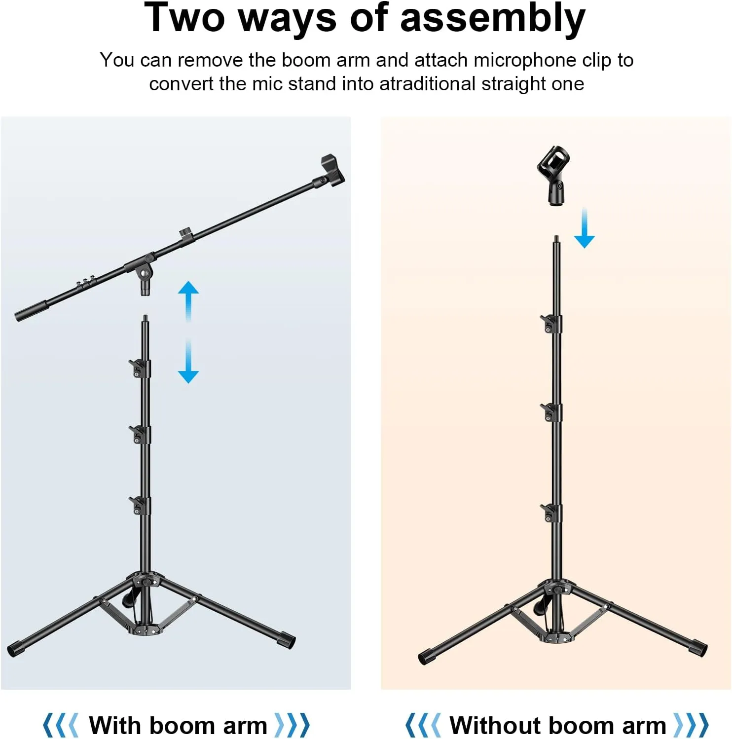 Microphone Stand, Tripod Boom Arm Floor Mic Stand Height Adjustable Heavy Duty with Carrying Bag 2 Mic Clips 3/8" to 5/8" Adapter for Singing Podcast for Blue Yeti Shure SM58 SM48 Samson Q2U
