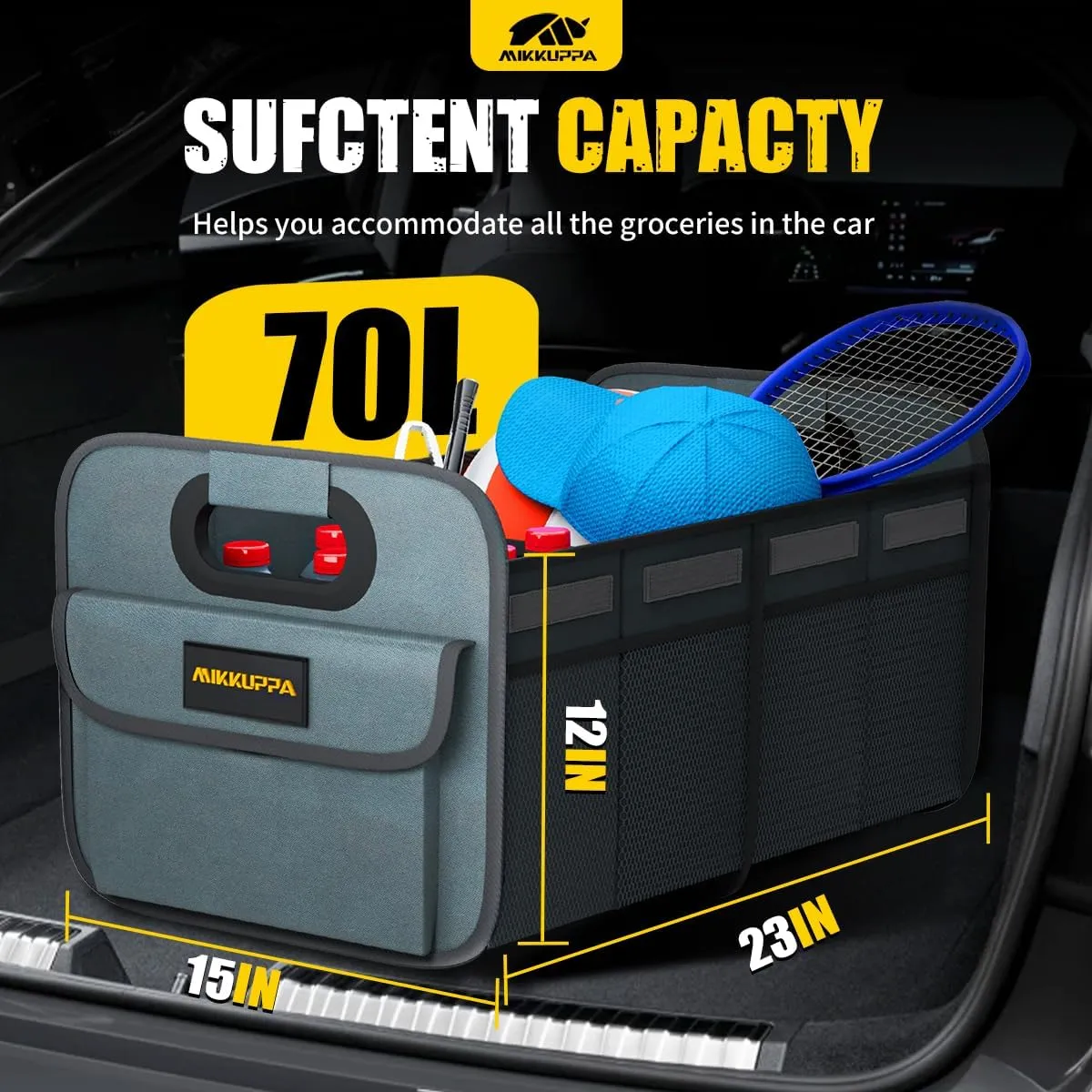 MIKKUPPA Car Trunk Organizer - 70L Collapsible Trunk Organizer for Groceries, Car Storage Organizers for SUV Auto Truck Van with Non Slip Bottom (Gray)