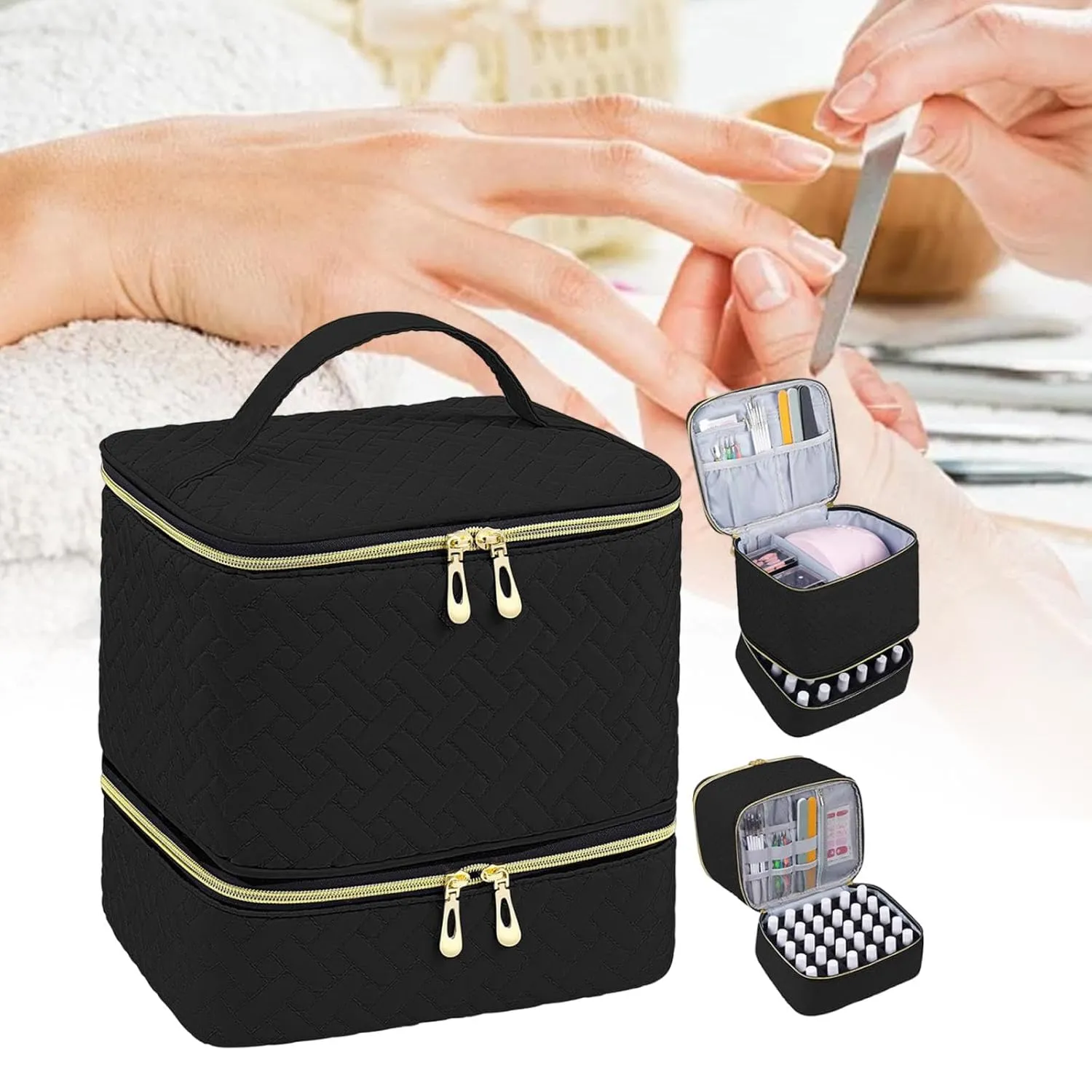 Milageto Nail Polish Organizer Bag Holds 30 Bottles and Nail Lamp,Nail Polish Holder,Travel Storage Case,Double Layer for Nail Polish, black