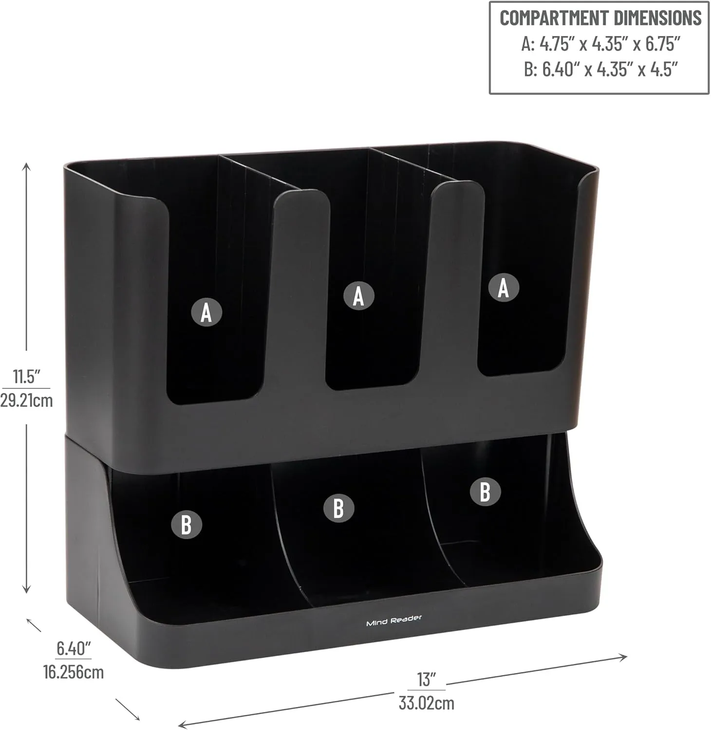 Mind Reader 6 Compartment Upright Breakroom Coffee Condiment and Cup Storage Organizer, Black