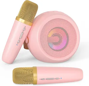 Mini Karaoke Machine for Kids, 2 Wireless Microphones & 4 Magic Voices, LED Portable Design for Indoor Outdoor Party, for 6 7 8 9 10 11 12 Years Old Girls Boys Gifts Toys for Birthday - Pink