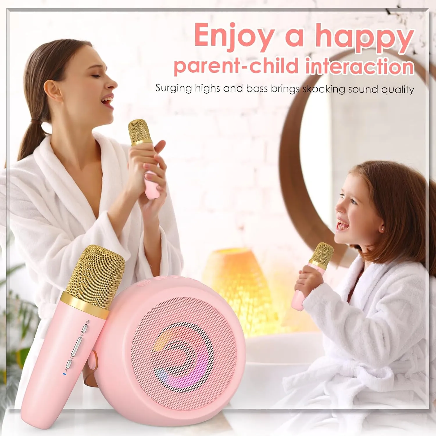 Mini Karaoke Machine for Kids, 2 Wireless Microphones & 4 Magic Voices, LED Portable Design for Indoor Outdoor Party, for 6 7 8 9 10 11 12 Years Old Girls Boys Gifts Toys for Birthday - Pink