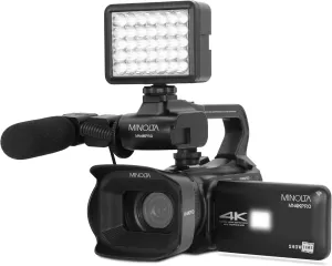 Minolta 64MP Autofocus Video Camera with Microphone & Video Light, 4" Touchscreen, 4K Ultra HD Video, 18x Digital Zoom, WiFi, Stabilizer, 32GB Card, 3100mAh Battery, Carrying Bag (Black)