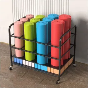 Mobile Rolling Yoga Mat Storage Cart with Lockable Wheels, Adjustable Large Capacity Iron Organizer Rack, Black freestanding Sports Equipment Holder