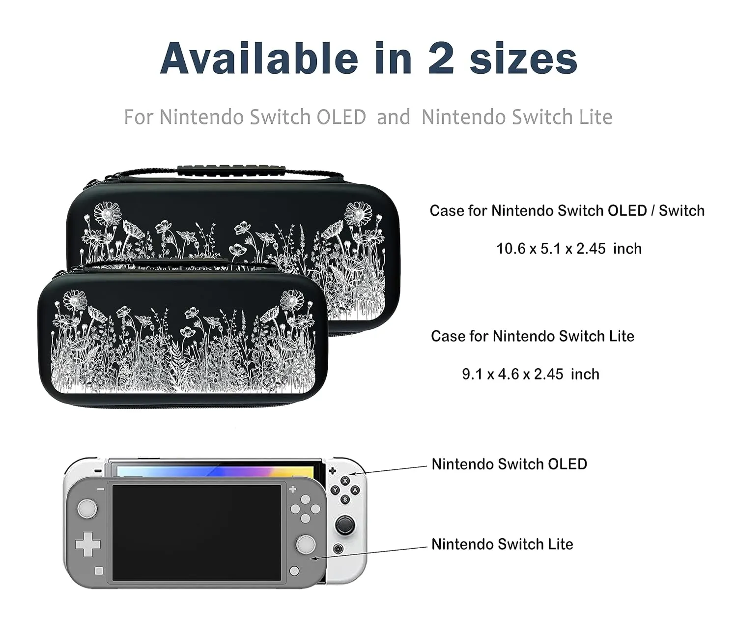 Monochrome Flowers Switch Case For Nintendo Switch OLED/Switch LITE/Switch Accessories, Meadow Cute Carry Protective Bag, Travel Game Console Cases, Controller Hard Shell Holder 20 Cartridge Slot J83