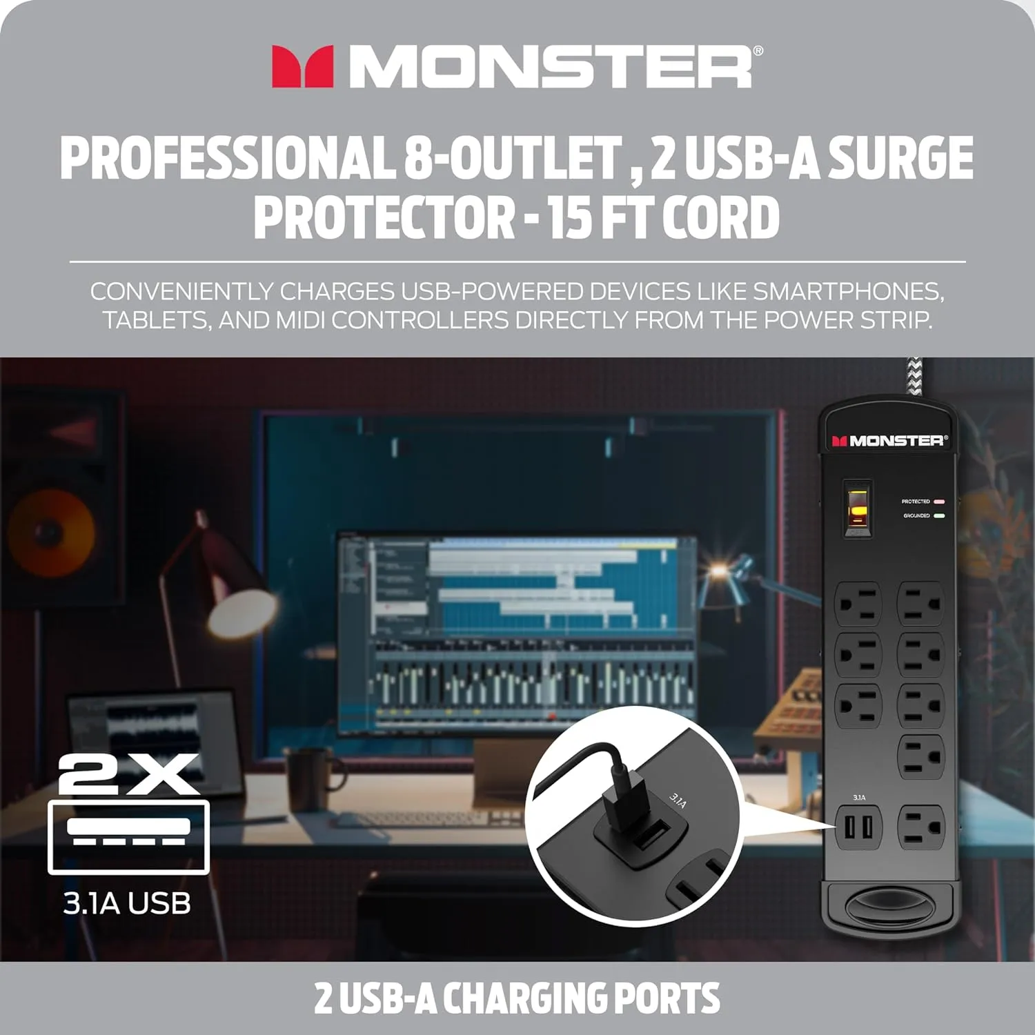 Monster Pro MI Professional Surge Protector Power Strip with Fireproof MOV Technology for Computers, Amplifiers, Pedal Boards, and Pro Audio Gear - 1960 Joule, 15 ft Cord, 8 Outlet, 2 USB