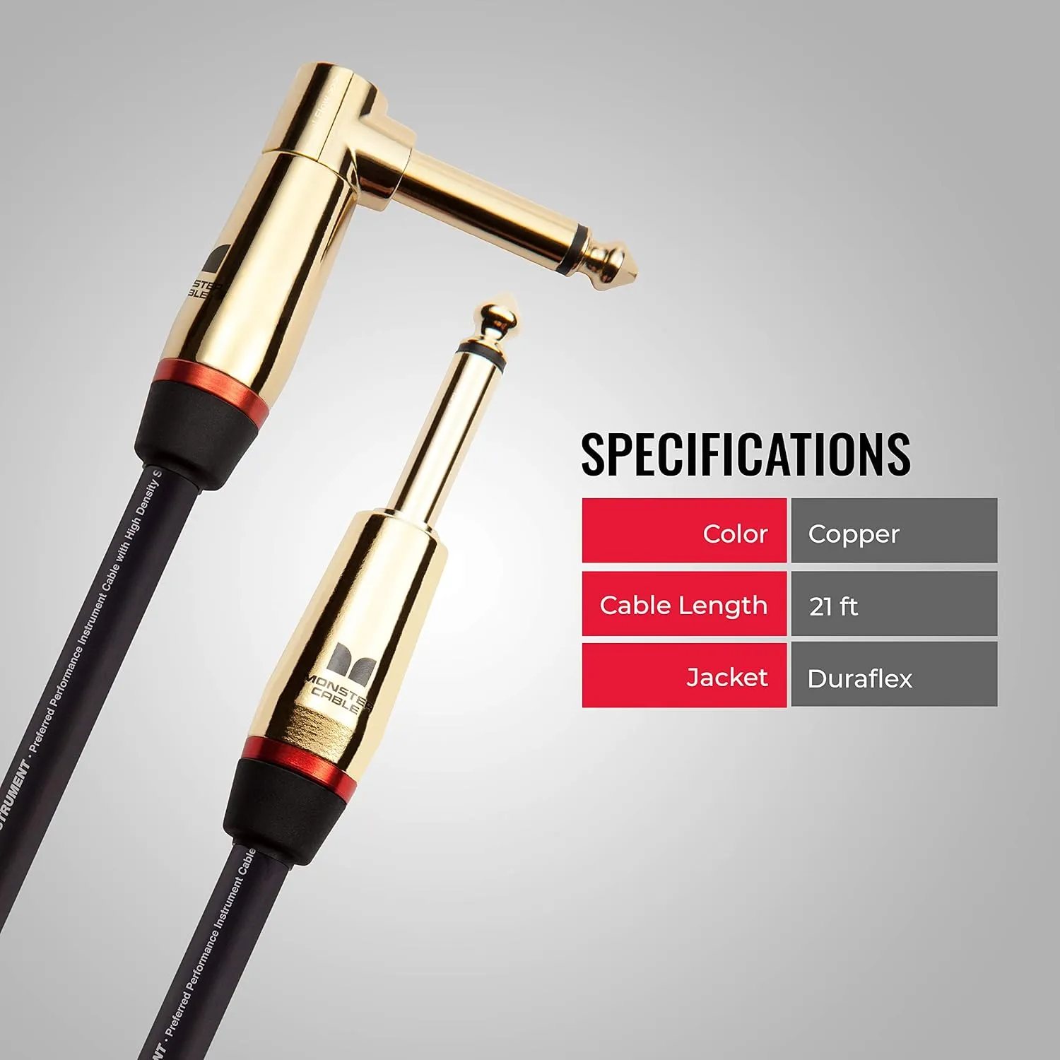 Monster Prolink Rock Instrument Cable. 21 ft Right Angle to Straight Monster Guitar Cable. For Electric Guitar Cable. 95% Copper Braided Shielded Guitar Cable