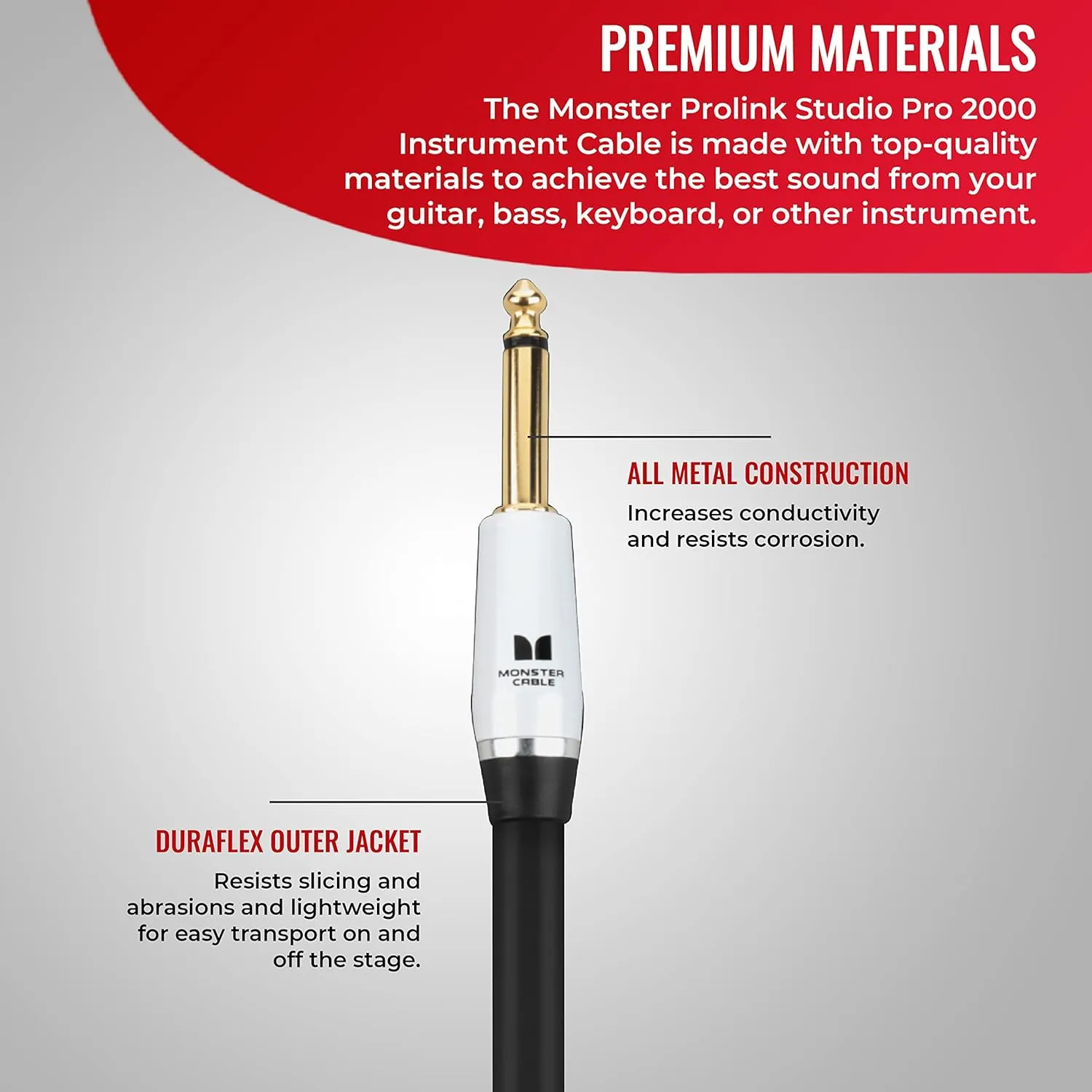 Monster Prolink Studio Pro 2000 Instrument Cable. 12 ft Straight to Straight Cable. 95% Copper Braided Electric Guitar Cable. Duraflex Protective Jacket w/ 24k Gold Contacts
