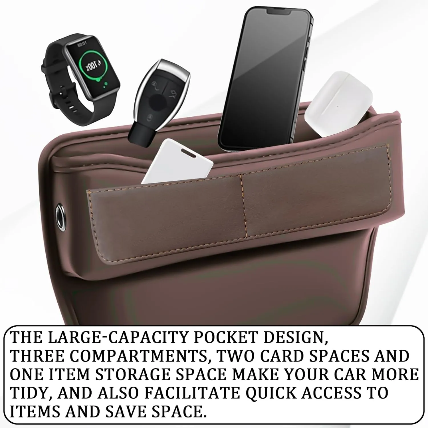 msyuusr Car Seat Gap Filler Organizer, Luxury Brown Leather Storage Box, Car Organizer with 3 Compartments, Rectangular Shape, Unisex, 8.26 x 1.48 x 1.48 inches