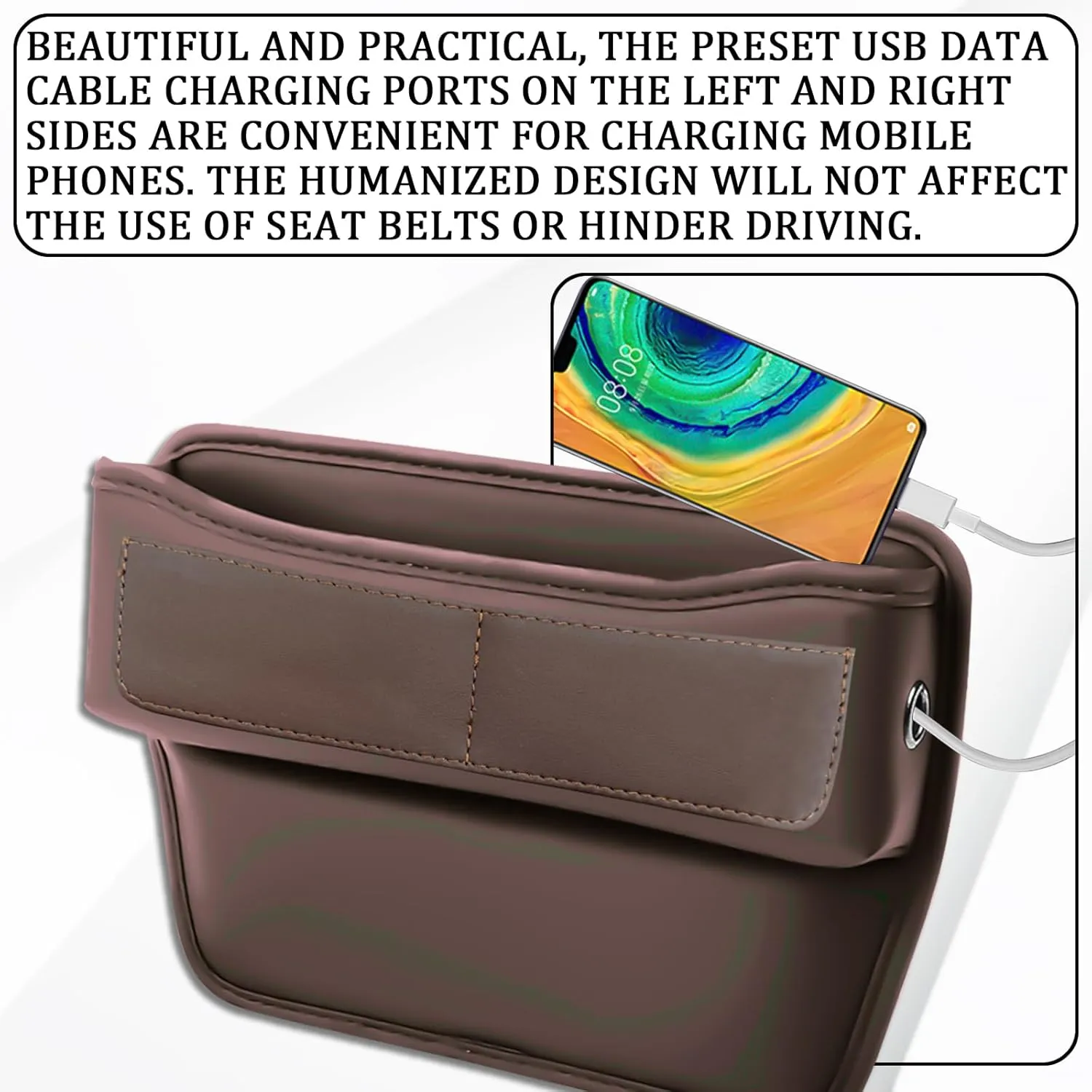 msyuusr Car Seat Gap Filler Organizer, Luxury Brown Leather Storage Box, Car Organizer with 3 Compartments, Rectangular Shape, Unisex, 8.26 x 1.48 x 1.48 inches