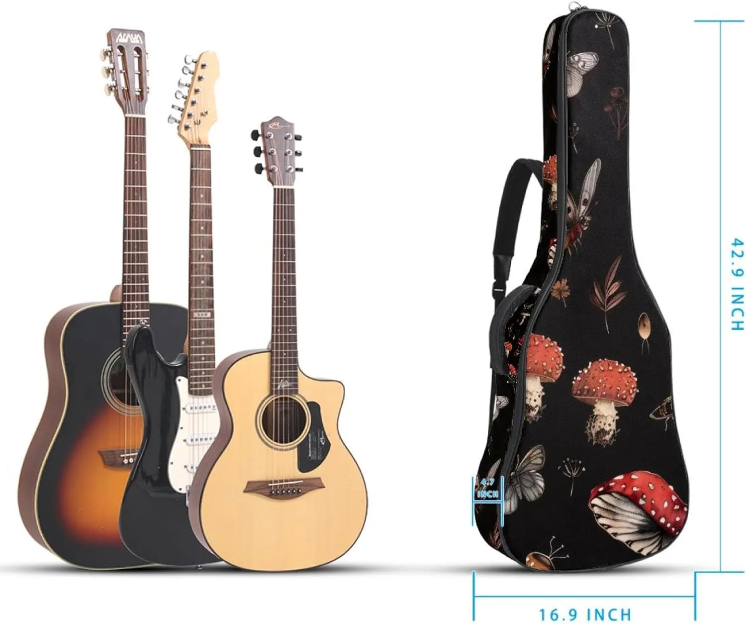 Mushroom Insects Butterfly Pattern Acoustic Guitar Bag, Guitar Case Gig Bag 40 41 42 inch with Dual Adjustable Shoulder Strap and Back Hanger Loop