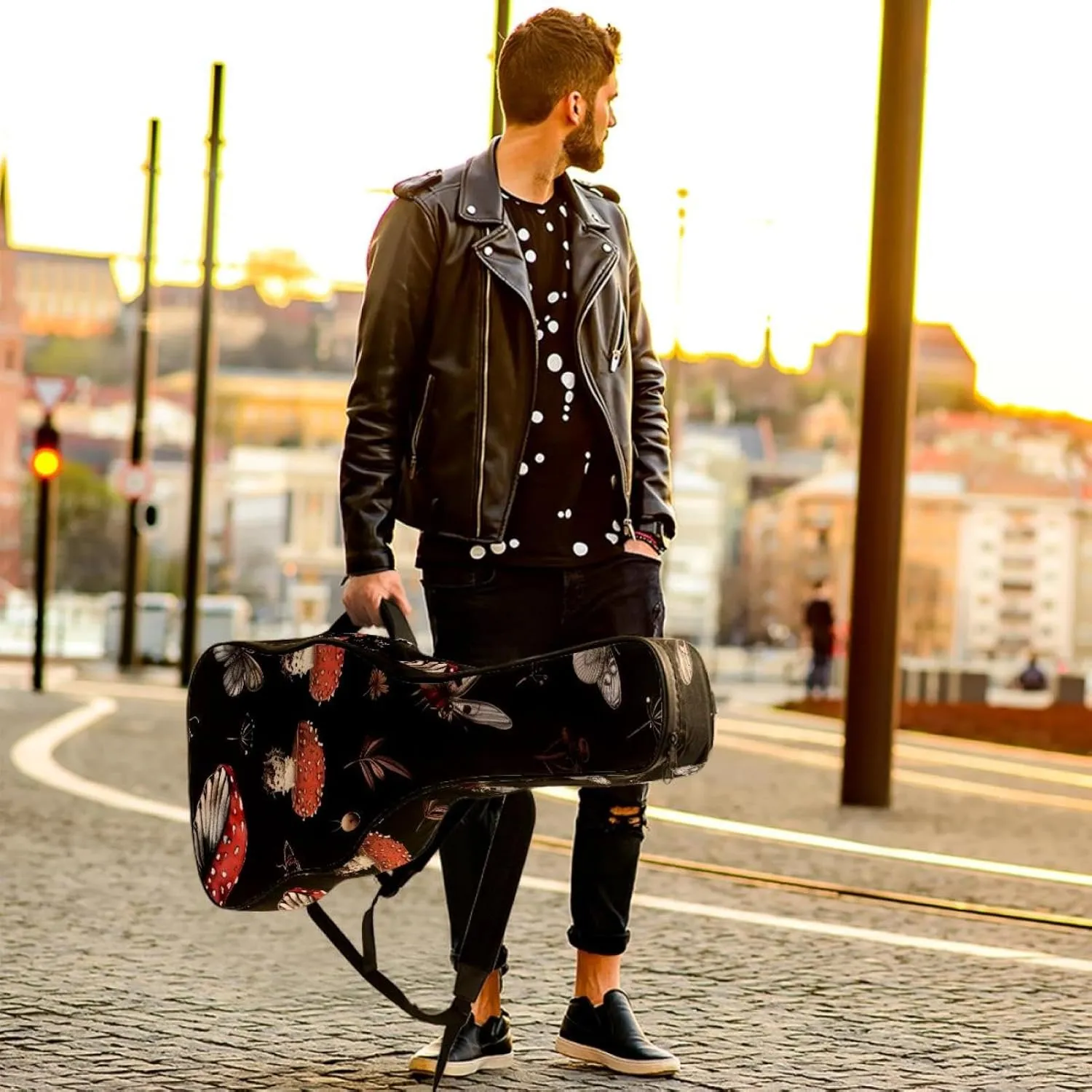 Mushroom Insects Butterfly Pattern Acoustic Guitar Bag, Guitar Case Gig Bag 40 41 42 inch with Dual Adjustable Shoulder Strap and Back Hanger Loop
