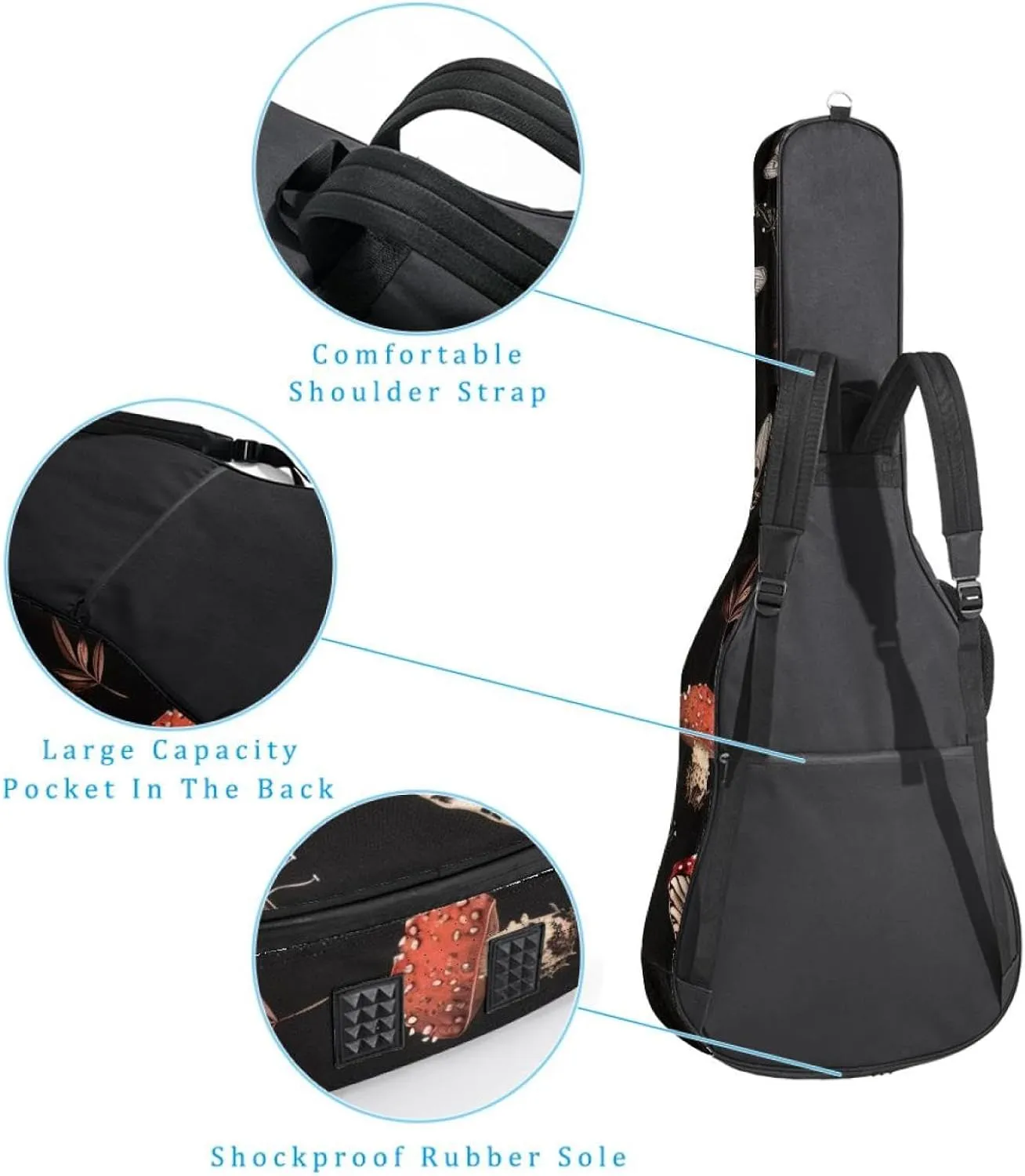 Mushroom Insects Butterfly Pattern Acoustic Guitar Bag, Guitar Case Gig Bag 40 41 42 inch with Dual Adjustable Shoulder Strap and Back Hanger Loop