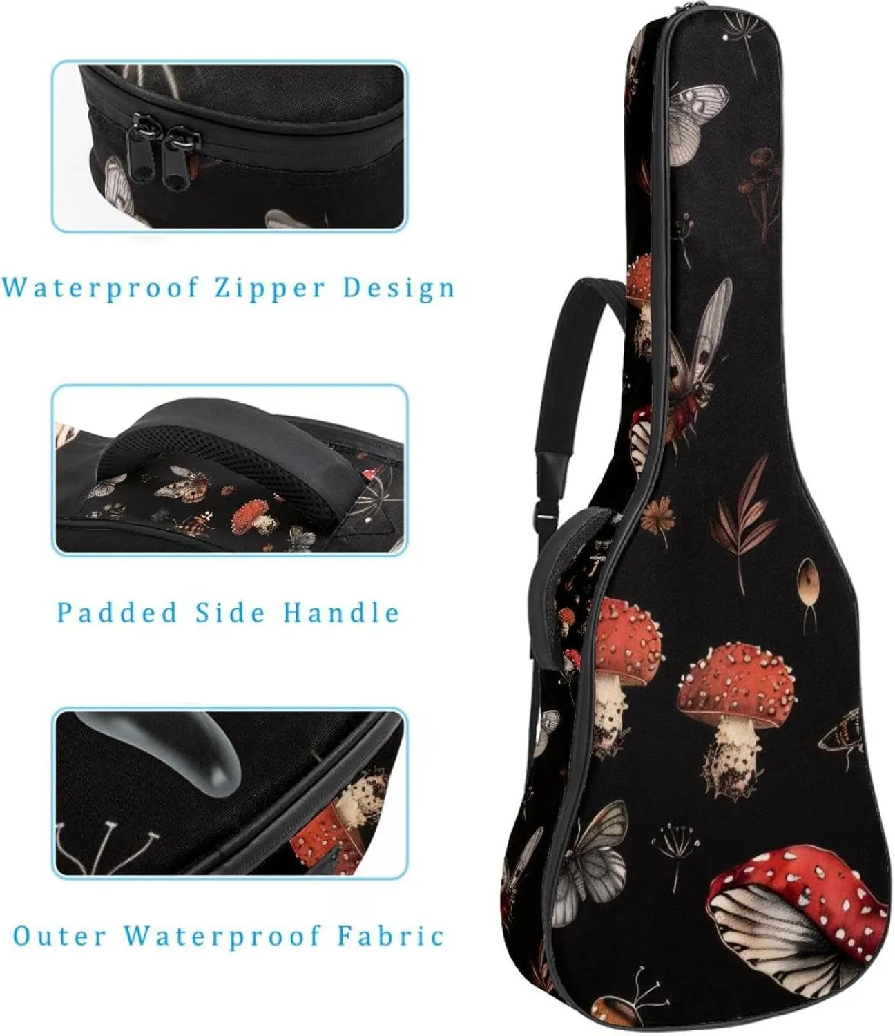 Mushroom Insects Butterfly Pattern Acoustic Guitar Bag, Guitar Case Gig Bag 40 41 42 inch with Dual Adjustable Shoulder Strap and Back Hanger Loop