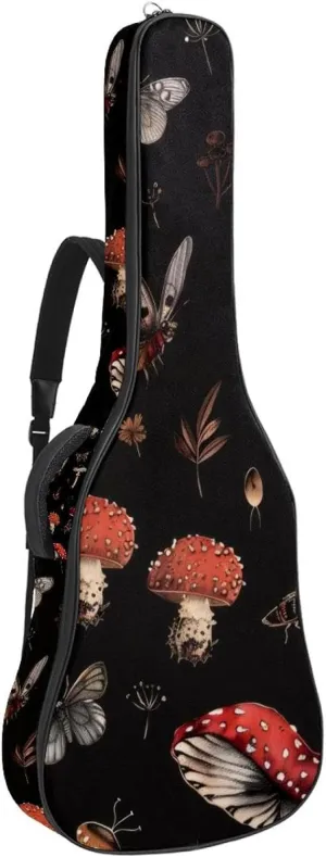 Mushroom Insects Butterfly Pattern Acoustic Guitar Bag, Guitar Case Gig Bag 40 41 42 inch with Dual Adjustable Shoulder Strap and Back Hanger Loop