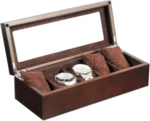 MUSUMI Large Watch Box for Men - 5 Watches Slots, Luxury Jewelry Organizer Wood Watch Display Case Storage Glass Top, 5 Removable Cushions