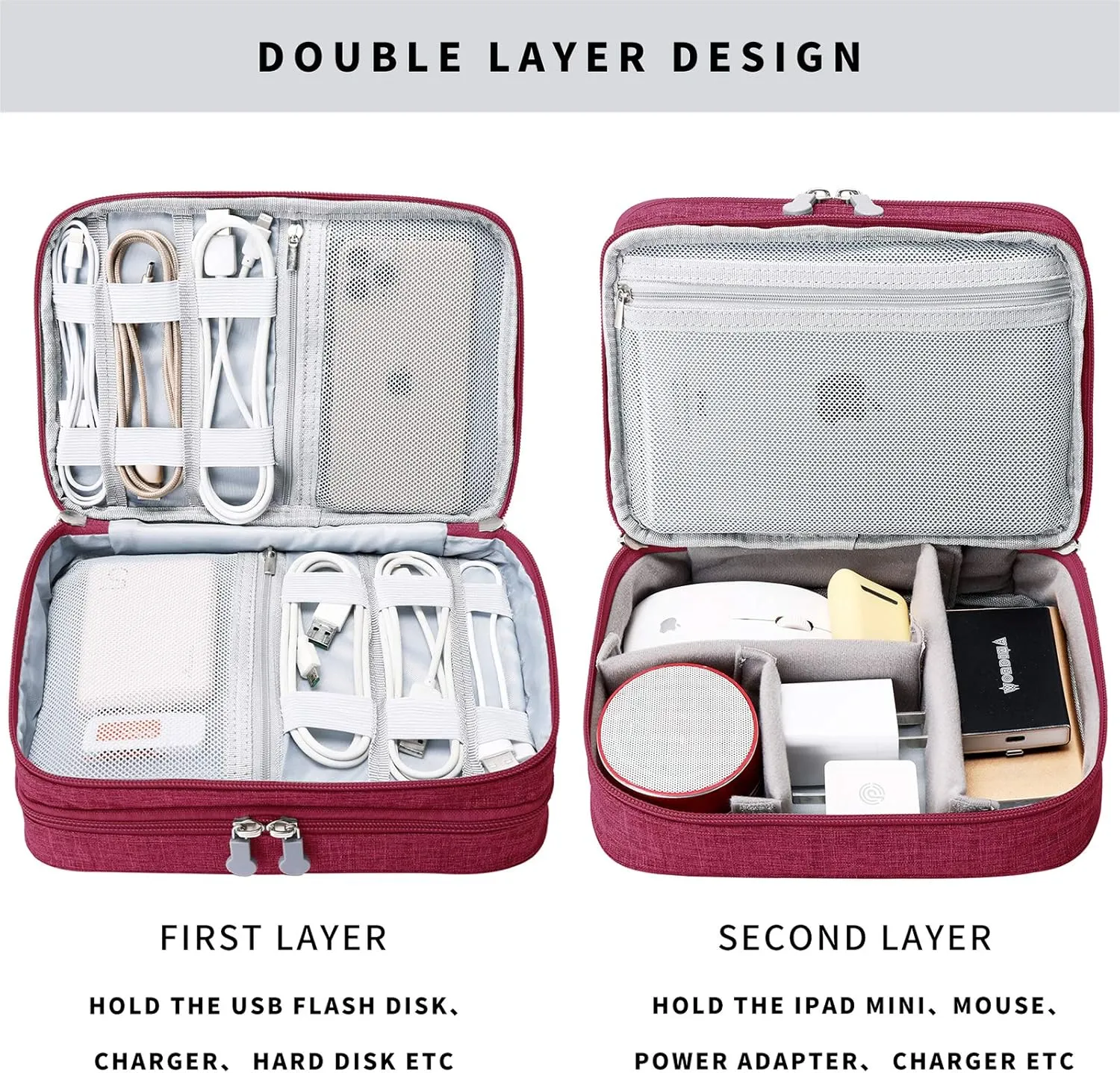 mygreen Travel Cable Organizer Bag, Two-Layer Electronics Accessories Organizer Bag for Cables, Chargers, Power Bank, Mouse,iPad, Phone, Kindle, SD Card, Wires, Cords, and Accessories Red
