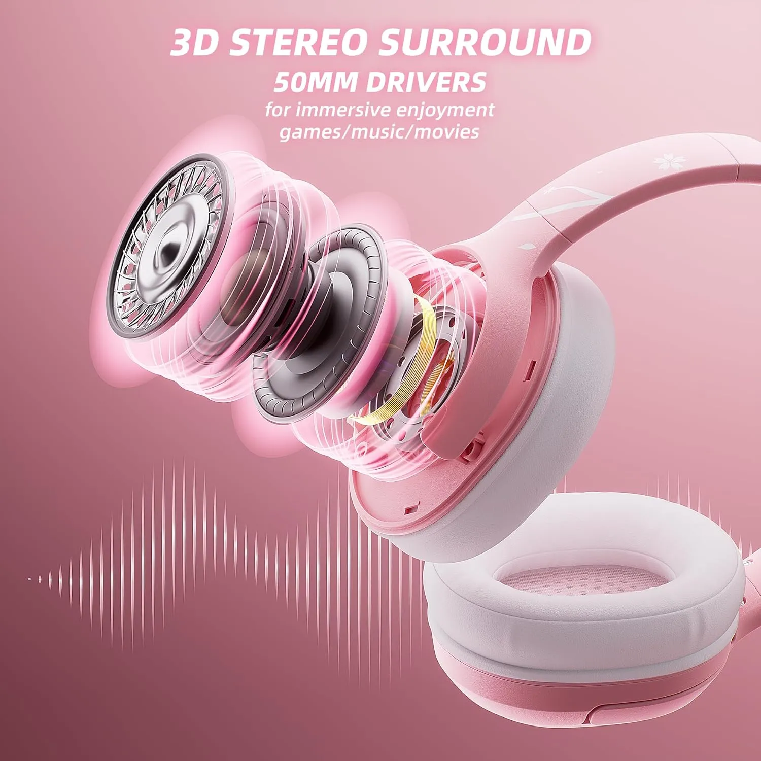 Mytrix Sakura Wireless Gaming Headset for PC, PS4, PS5, Mac, Switch, 50mm Drivers, 2.4GHz & Bluetooth Gaming Headphones with Noise Cancelling Mic, Over Ear Headphones for Xbox with Wired - Pink