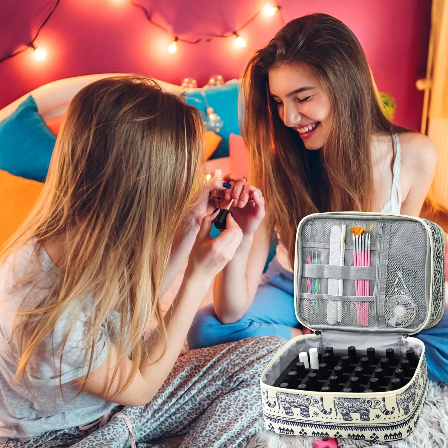Nail Polish Case Organizer Bag Holds 30 Bottles and Nail Lamp, Portable Travel Nail Polish Storage Bag Double Layers for Manicure Tools Storage (Elephant Pattern)