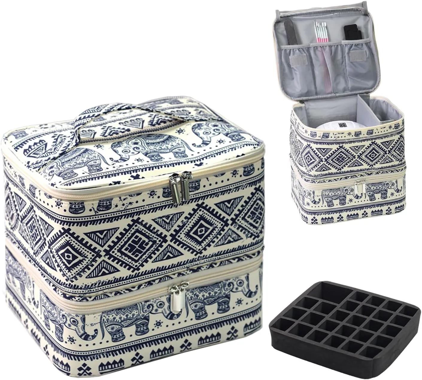 Nail Polish Case Organizer Bag Holds 30 Bottles and Nail Lamp, Portable Travel Nail Polish Storage Bag Double Layers for Manicure Tools Storage (Elephant Pattern)