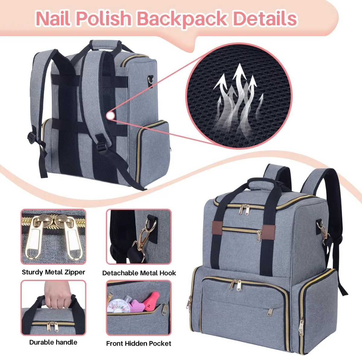 Nail Polish Organizer Backpack Holds 80 Bottles and a Nail Lamp Supplies with 2 Removable Cases Storage Bag Professional Travel Case for Manicurist (Grey)