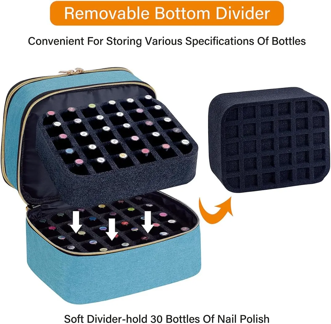 Nail Polish Organizer Bag Double Layer Capacity Portable Travel Storage Case Holds 30 Bottles (15 ml/0.51 floz) Nail Supplies Holder Bag Designed for Women's Nail Tools Green