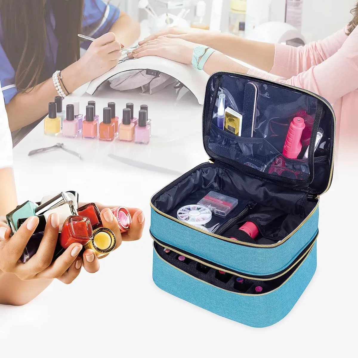 Nail Polish Organizer Bag Double Layer Capacity Portable Travel Storage Case Holds 30 Bottles (15 ml/0.51 floz) Nail Supplies Holder Bag Designed for Women's Nail Tools Green
