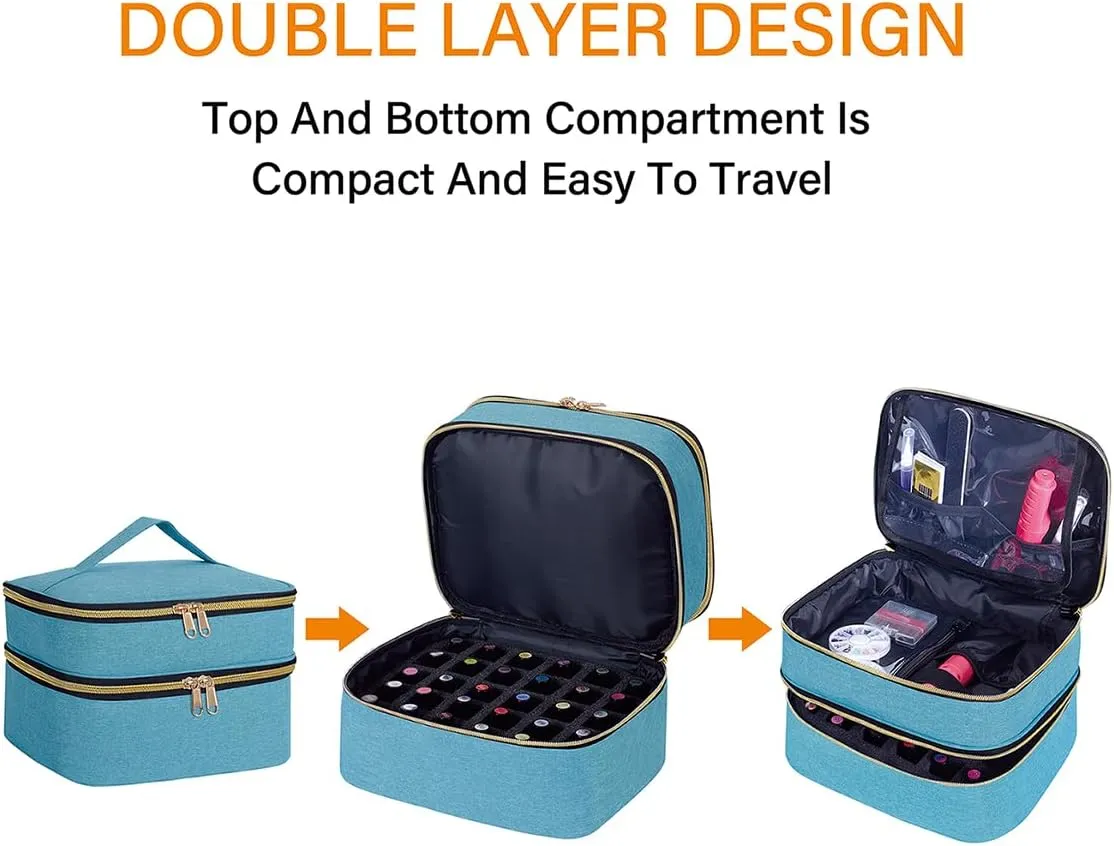 Nail Polish Organizer Bag Double Layer Capacity Portable Travel Storage Case Holds 30 Bottles (15 ml/0.51 floz) Nail Supplies Holder Bag Designed for Women's Nail Tools Green