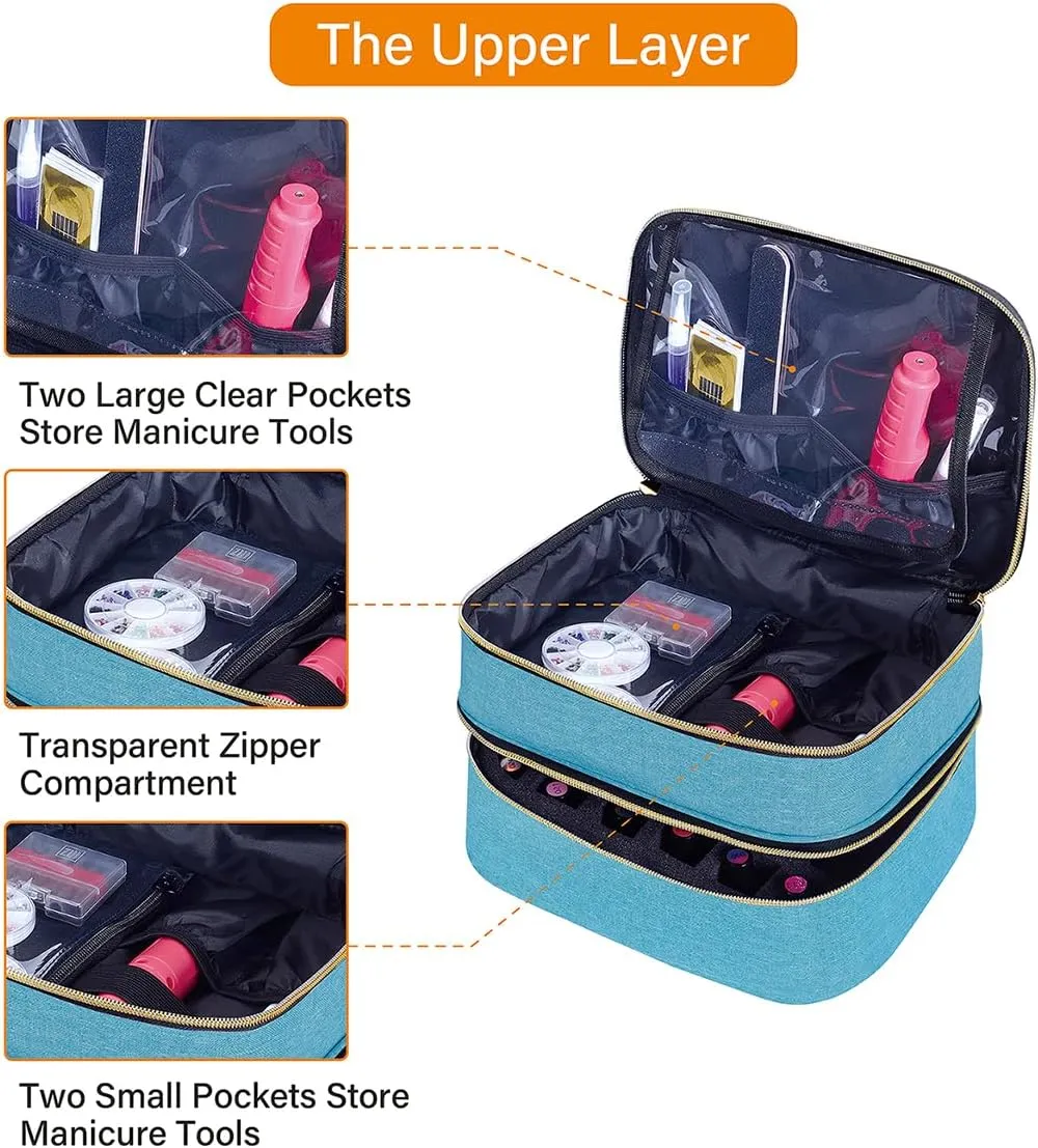 Nail Polish Organizer Bag Double Layer Capacity Portable Travel Storage Case Holds 30 Bottles (15 ml/0.51 floz) Nail Supplies Holder Bag Designed for Women's Nail Tools Green