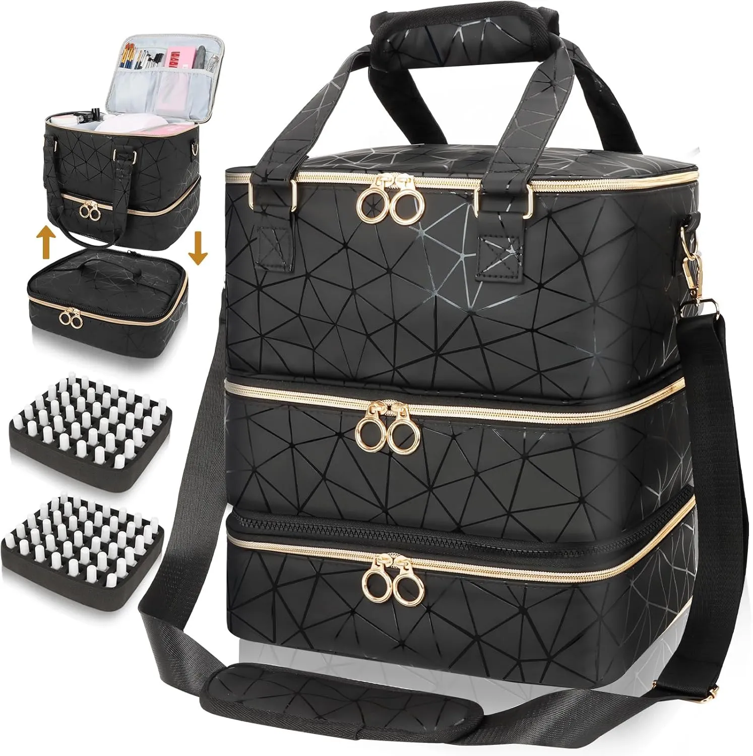 Nail Polish Organizer Bag Holds 84 Bottles & Nail Lamp, 3 Layers Nail Kit Storage Carrying Case Pu Leather, Large Nail Supplies Organizer With Shoulder Strap, Portable Travel Nail Bag For Nail Tech