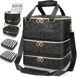 Nail Polish Organizer Bag Holds 84 Bottles & Nail Lamp, 3 Layers Nail Kit Storage Carrying Case Pu Leather, Large Nail Supplies Organizer With Shoulder Strap, Portable Travel Nail Bag For Nail Tech
