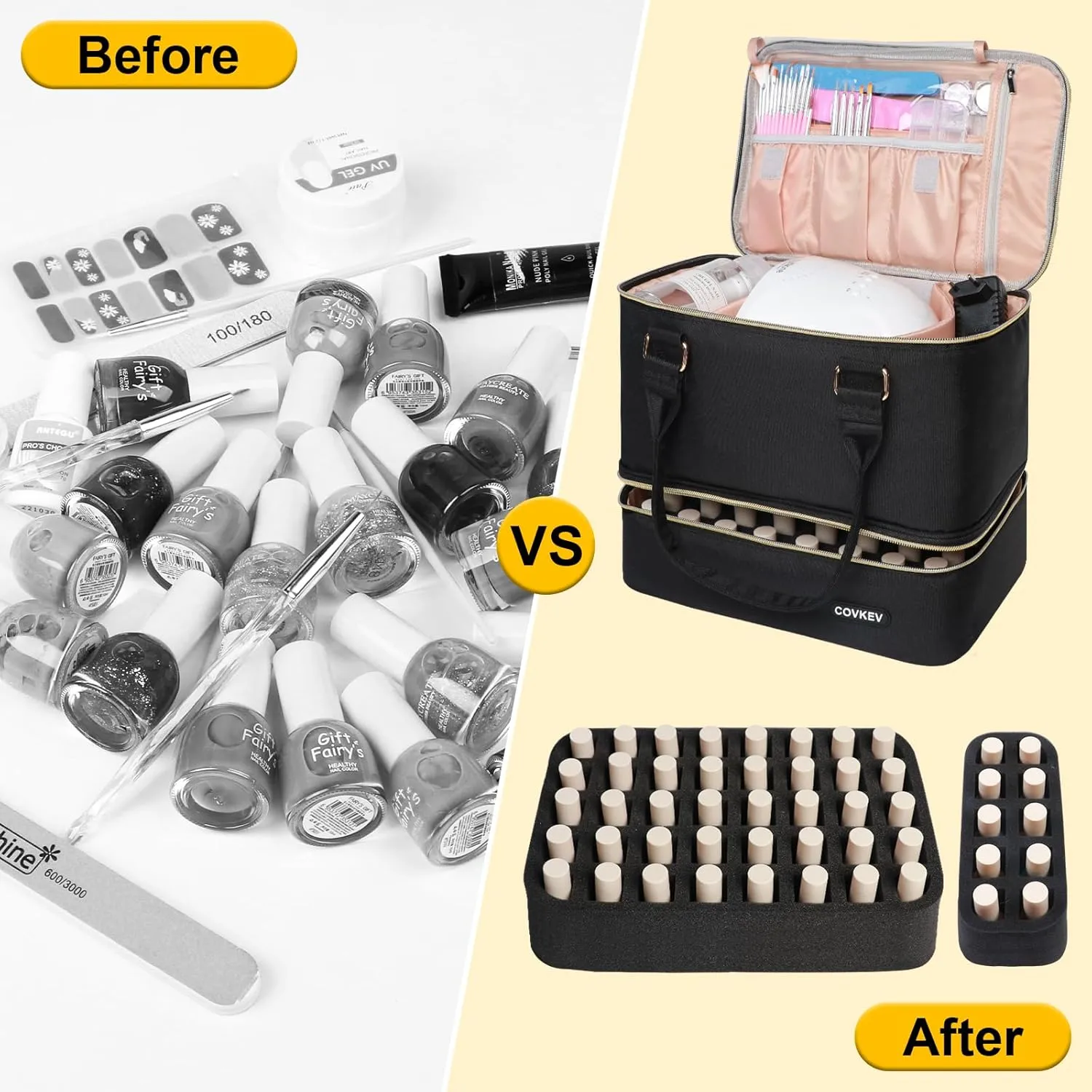 Nail Polish Organizer Hold 50 Bottles (15ml/0.5 fl.oz)& Nail Lamp, Double Layer Nail Bag Organizer Case with Handle, Large Nail Supplies& Kit Storage Case for Women Travel (Black& Golden)