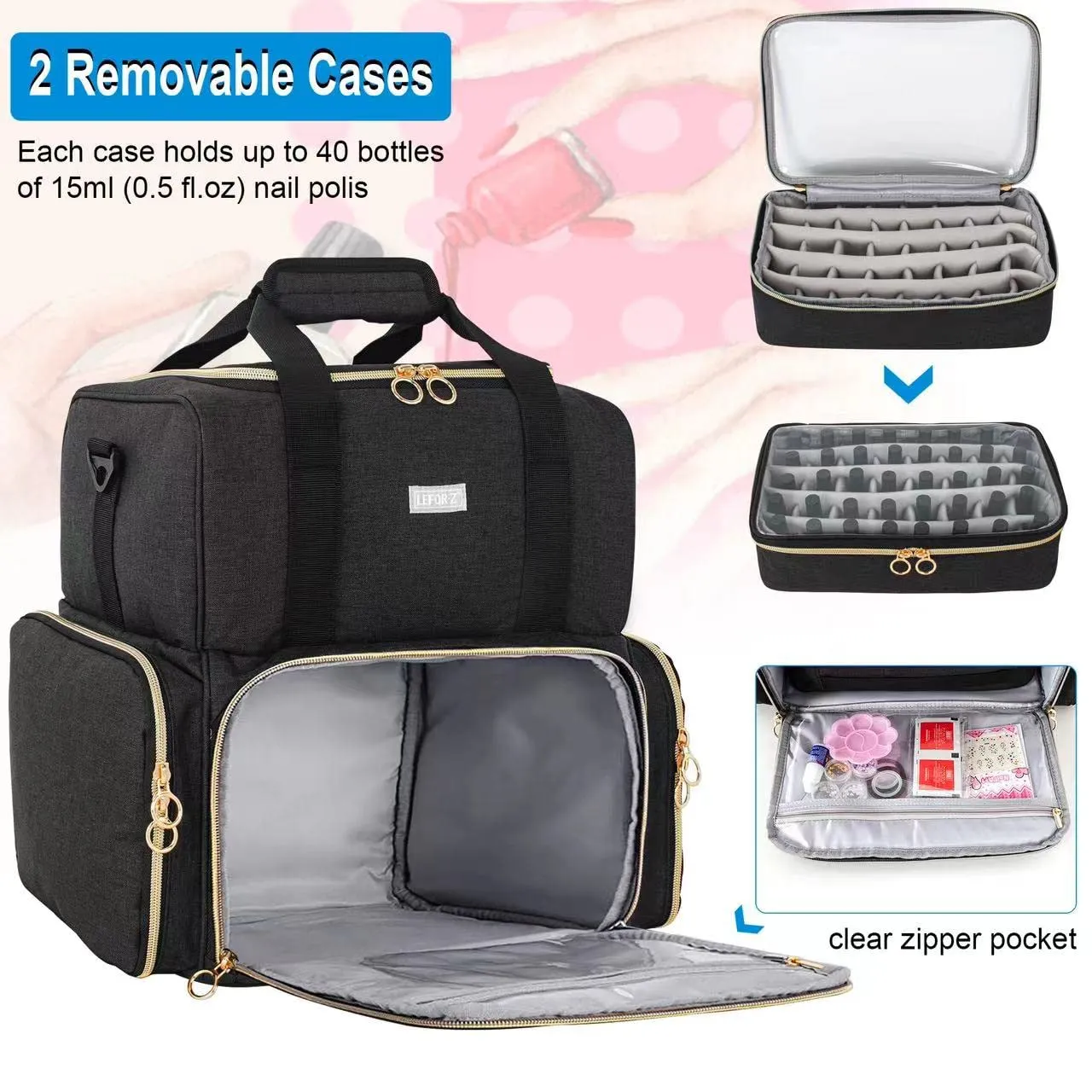 Nail Polish Organizer Holds 80 Bottles and a Nail Lamp,Nail Polish Carrying Case with 2 Removable Bags,Nail Organizers and Storage for Nail Tech,Portable Nail Polish Holder for Nail Supplies,Black