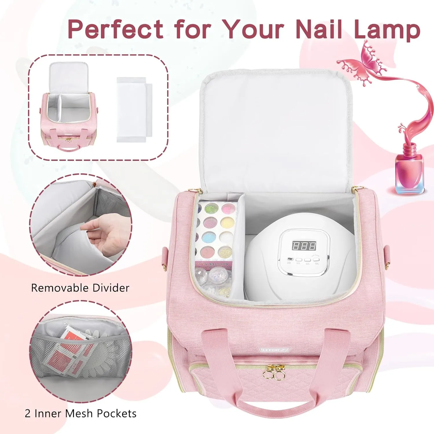 Nail Polish Organizer Holds 80 Bottles and a Nail Lamp,Nail Polish Carrying Case with 2 Removable Bags,Nail Organizers and Storage for Nail Tech,Portable Nail Polish Holder for Nail Supplies,Pink