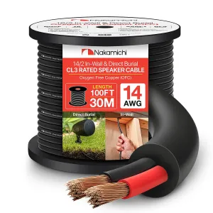 Nakamichi 14/2 (100-Foot) in-Wall & Direct Burial (UL CL2 CL3 Rated) Oxygen-Free Copper (OFC) 2-Conductor Speaker Cable Wire, Outdoor In-Ground, in-Ceiling, Riser, Black (14AWG / 100ft / 30.48m)